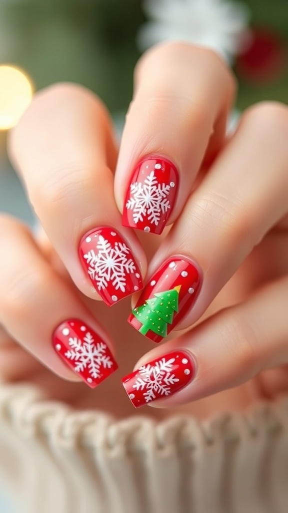 Festive red Christmas nail art with snowflakes and Christmas trees.